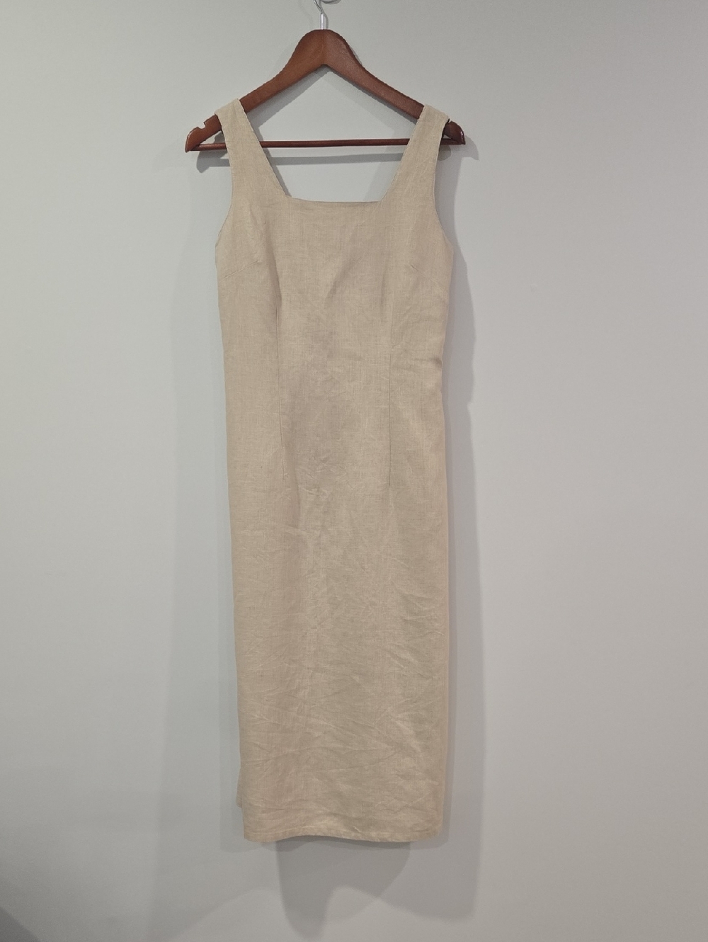 Retro 90's Beige Linen Square-Neck Ralphcore Normcore Midi Dress